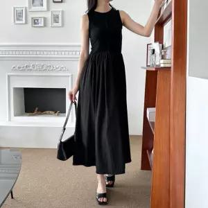 안젤스 나일론 민소매 원피스 SD 240619여름 무지 플리츠 캐주얼 심플 라운드 롱원피스 긴원피스 검정