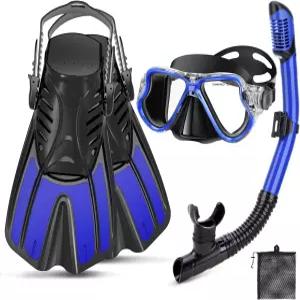 피야지 스노클링 장비 4 in 1 스노클 세트 뷰 마스크 드라이 탑 조절 가능한 짧은 핀 및 여행 가방
