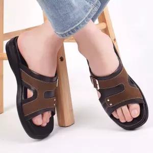 남성 투톤 가죽슬리퍼 스티치 회사 사무실 쿠션실내화