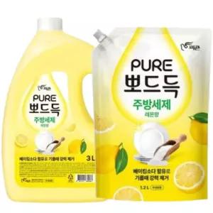 피죤 퓨어 뽀드득 주방세제 레몬향 3L용기 1개 + 1.2L리필 1개