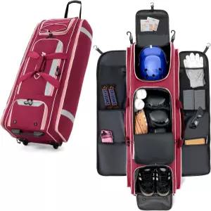 팬월리 100L 롤링 야구 포수 기어백 - 바퀴가 달린 대형 소프트볼 장비 더플 5개의 펜스 훅이 사물함