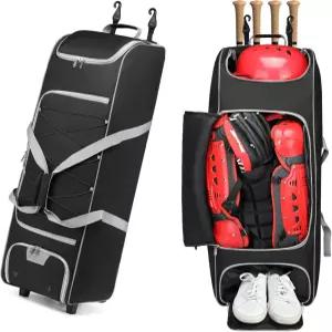 바퀴 달린 크신스백 야구 포수 기어백 - 39인치 롤링 장비 가방에 배트 4개 헬멧 장갑 소프트볼 가방 펜스
