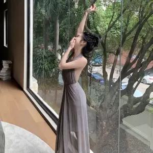 프렌치 레트로 셀러브리티 메시 섹시 여신 백리스 드레스 홀터넥