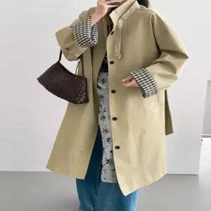 엘럽 카키 하프 봄 여성 체크 하이넥 트렌치 코트 박템1