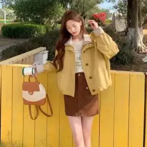 엘럽 노랑 여성 봄 코트 체크 쇼트 날씬 자켓 박템1