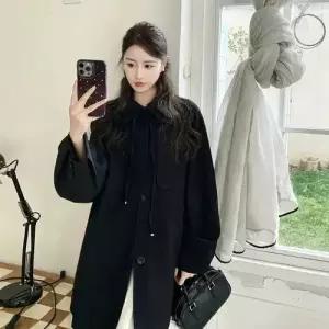 엘럽 검정 여성 하프 캐주얼 봄 트렌치 코트 소프트 망토 스윗 박템1