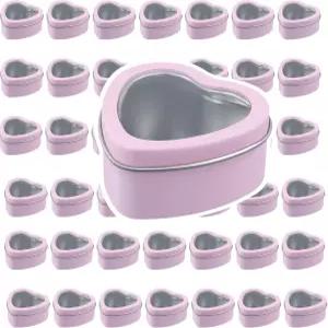 투명 창문 뚜껑이 있는 40개의 2온스 하트 모양 금속 틴 틴플레이트 빈 캔디 파티 선물용 보관함 용기 선호