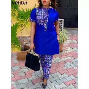 여자 봄 가을 면접복장 여성 투피스 VONDA 여성용 보헤미안 정장 빈티지 프린트 바지 세트 스탠드 칼라 반