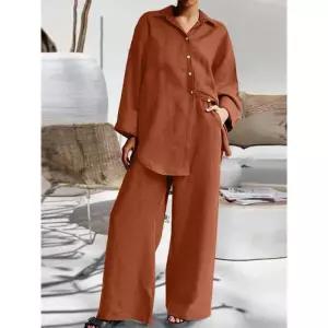 여자 봄 가을 면접복장 여성 투피스 여성용 싱글 브레스트 코튼 린넨 탑 신축성 허리 와이드 레그 팬츠 세