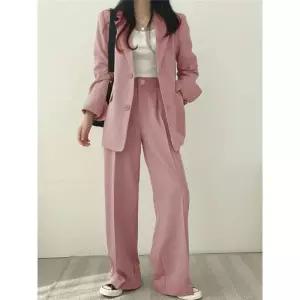 여자 봄 가을 면접복장 여성 투피스 여성용 정장 재킷 바지 세트 전체 소매 싱글 브레스트 단색 통근 코트
