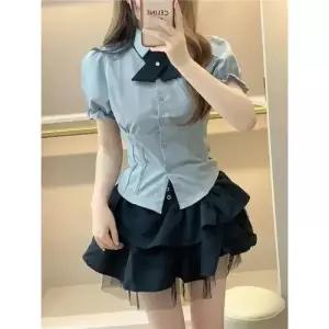 치마 여성용 망사 벌룬 볼륨 청회색 정장세트 세트 유니폼 블라우스 BE1