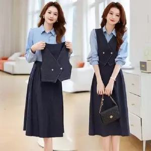 봄 빈티지 치마 여성용 데님 조끼 셔츠 세트 쓰리피스 정장세트 올오버 BE1