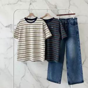 /신상오픈런 여성용 루즈핏 스트라이프 반팔 스마일 디자인