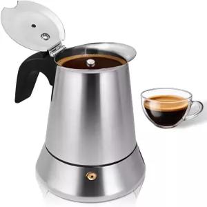 벨리 모카 커피 메이커 스토브탑 에스프레소 포트 이지 브루잉 4컵 6.7온스 200ml 스테인리스 스틸 실버