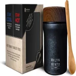 뜨거운 음식과 수프를 위한 보온병 대나무 숟가락. 넓은 입구 스테인리스 스틸 도시락 용기 금속 식품