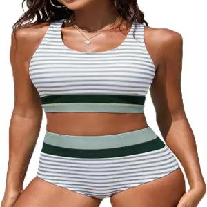 디피논 여성용 하이웨이스트 비키니 세트 투피스 수영복 컬러 블록 스포티 운동 중등도 커버