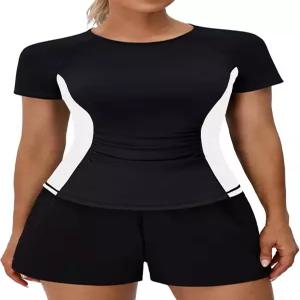 BMJL 여성 운동복 상의 운동 반팔 T 셔츠 컬러 블록 러닝 체육복 여름 의상 블라우스