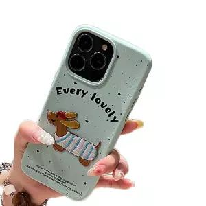 FLIRACON 귀여운 3D 만화 자수 닥스훈트 강아지 소프트 폰 케이스 아이폰 케이스와 호환 (그린, 아이폰 16