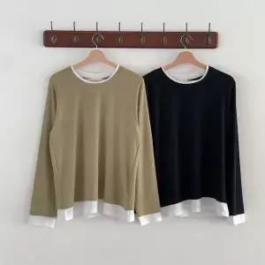 [하프클럽/]여성 배색 레이어드 빅사이즈 무지 긴팔 더블넥 티셔츠