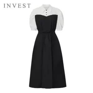 [인베스트] 클래식 퍼프 배색 롱 원피스_IN6M1OP3491