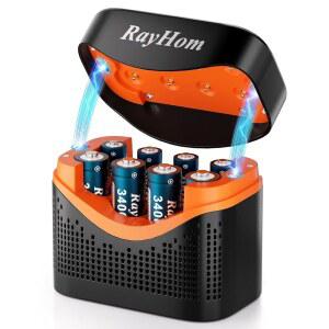 충전기 포함 레이홈 8팩 충전식 리튬 배터리, AA 3400mWh 4개 및 AAA 1100mWh 1.5V 리튬 배터리 세트, 고속 배터리 충전기 보관 케이스