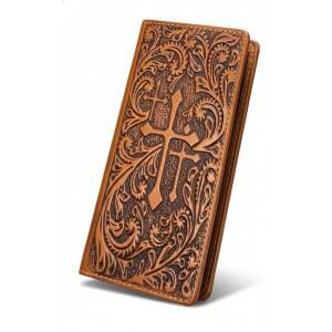 남성 u2019s 웨스턴 롱 가죽 지갑 u2013 핸드메이드 엠보싱 크로스 디자인, 도구형 로데오 카우보이 이중폴드 체크북 지갑, 및 목장용 슬림 (L 브라운)