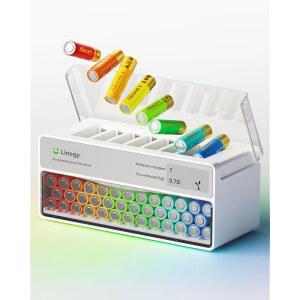 리튬 NiMH NiCd를 위한 Linogy 8-슬롯 AA AAA 배터리 충전소 및 정리함 u2014 스마트 배터리 충전기, 가정 및 게임을 위한 E-Ink 디스플레이가 있는 오토 드롭 허브