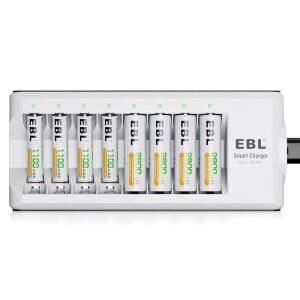 충전기 포함 EBL 충전식 배터리, 1.2V NiMH AA 배터리 2800mAh 4카운트 및 8베이 스마트 배터리 충전기 포함 AAA 배터리 1100mAh 4카운트