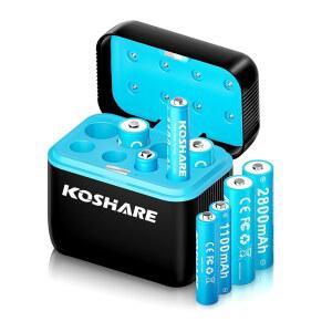 KOSHARE 충전식 Ni-MH 배터리(충전기 포함), 1.2V 2800mAh AA 및 1100mAh AAA 대용량 Ni-MH 배터리 8팩, 최대 800회 충전 가능, 사전 충전(블랙+블루, 4AA4AAA+8슬롯 충전기)