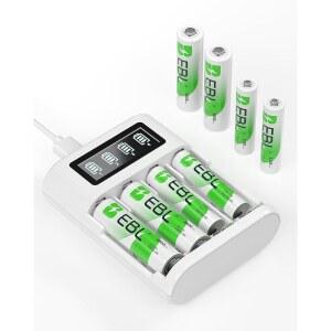 EBL 8팩 AA AAA 배터리 콤보와 4베이 LCD 스마트 배터리 충전기, 더블 A 충전식 배터리 2800마 4개, 트리플 A 충전식 배터리 1100마 4개, 1.2V 포함