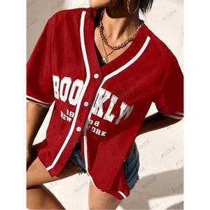 여름 브루클린 야구 프린트 여성 오버핏 스포츠 레드 스트릿 블라우스