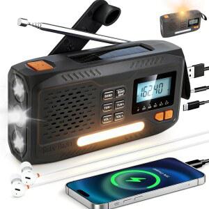 NOAA 날씨가 있는 비상 크랭크 라디오 - 알람 7400mWh 태양광 핸드 휴대용 AM/FM 라디오, 충전식 배터리 USB 충전기 플래시라이트 LCD 화면 헤드폰 잭으로 가정용 야외 허리케인 생존을 지원합니다