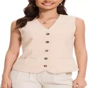 여성 린넨 베스트 조끼 브이넥 가벼운 버튼 민소매 자켓 오피스룩 여름 코튼 탑 레이어드