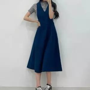 데님 멜빵 뷔스티에 롱 원피스