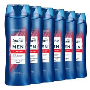 수아브 남성 보습 바디 앤 페이스 워시, 베르가못 & 우드 향이 함유된 에너자이징 스포츠, 파라벤 없음, 프타할트 6개들이 18온스
