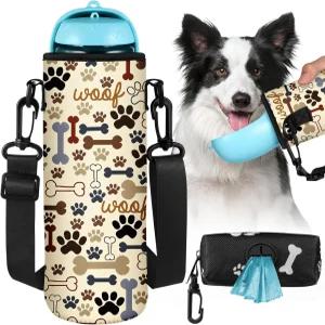 토키 휴대용 네오프렌 물병 슬리브 - 강아지 똥 봉투 홀더가 있는 여행용 반려견 커버백 산책용 스트랩이