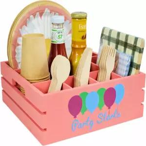 파티 농가 상자 룩을 위한 식기 홀더 - 조리대용 핑크 냅킨 종이 접시 디스펜서 컵 포크 숟가락용 실버웨어