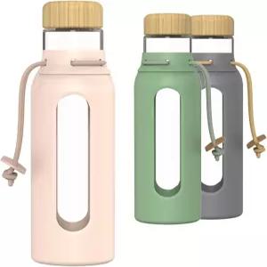 대나무 뚜껑과 실리콘 슬리브가 있는 붕규산염 유리 음용병 여행용 휴대용 코드가 재사용 가능한 물병