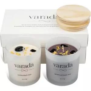varada 아로마테라피 소이 캔들 선물 세트. 24K 골드 포일과 블랙 오닉스 - 80시간 깨끗한 연소. 바닐라와