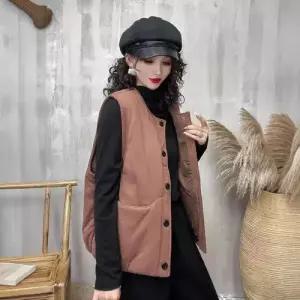 무천도사 여성용 여사친 면 캐주얼 빈티지 솔리드 포켓 조끼 빅 라운드 민소매 보온 패딩 베스트 KKE1