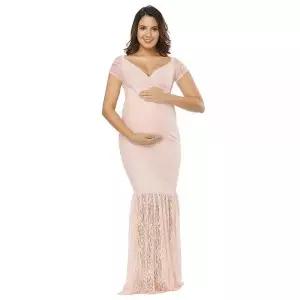 JustVH 여성용 오프 숄더 반소매 브이넥 레이스 임산부 가운 맥시 사진 드레스 피치 핑크. 890085