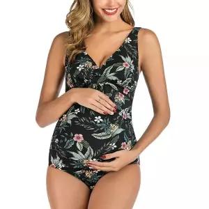 임산부 꽃무늬 수영복 원피스 브이넥 비키니 블랙. 890220