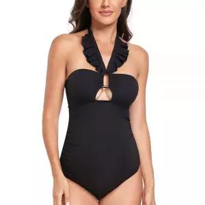 EastElegant 임산부 러플 골지 컷아웃 원피스 수영복 스퀘어 링 링크 임신 단색 블랙. 890233