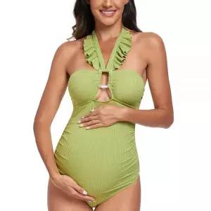 EastElegant 임산부 러플 골지 컷아웃 원피스 수영복 스퀘어 링 링크 임신 그래스 그린. 890247