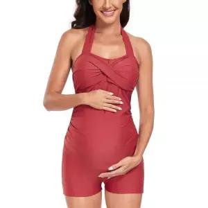 EastElegant 임산부 원피스 수영복 레트로 홀터 보이레그 임신 보이쇼츠 카메오 브라운 890286