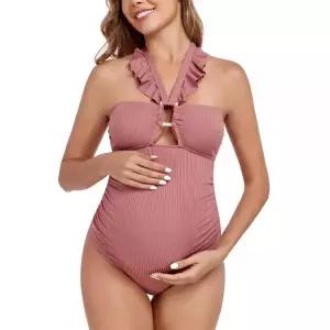 EastElegant 임산부 러플 골지 컷아웃 원피스 수영복 스퀘어 링 링크 임신 코랄 핑크. 890294