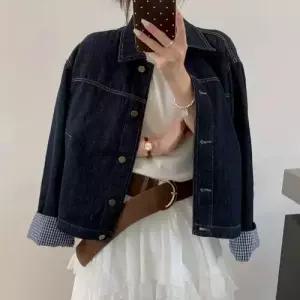 EAMT 여친 청 캐주얼 코트 칼라 싱글 체크 스트라이프 소매 톱 YJ1