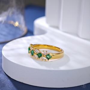 100%  18k 골드 여성용 빈티지 에메랄드 반지 모이사나이트 다이아몬드