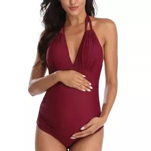 EastElegant 임산부 수영복 원피스 브이넥 스윔웨어 홀터 임산부용 비키니 와인 레드 X-Small 890461
