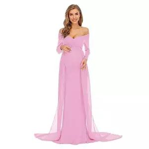 ZIUMUDY 임산부 오프 숄더 긴소매 핏 가운 맥시 시폰 드레스 사진 촬영 베이비 샤워용 핑크 890586